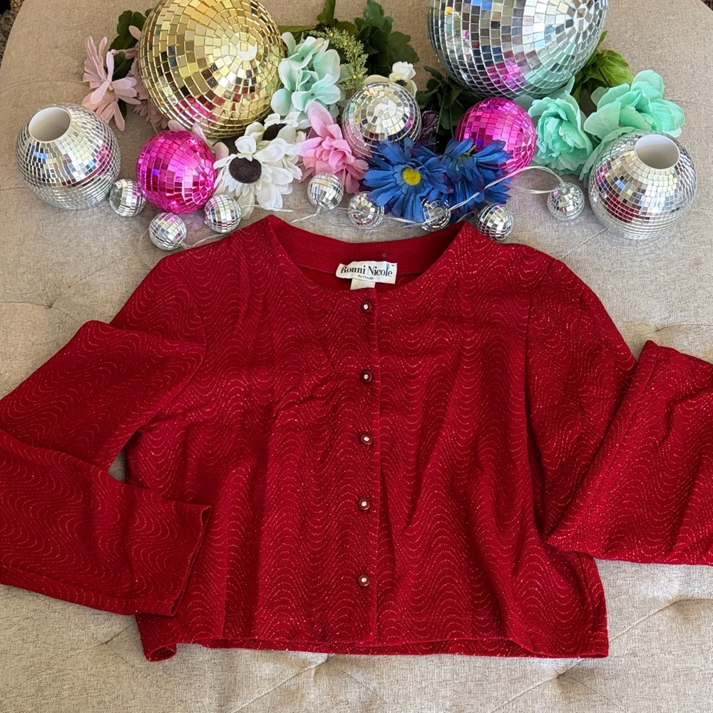Ronni Nicole Shimmer Red Button Down Top Cardigan